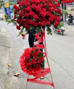 Lẵng hoa khai trương 2 tầng hồng đỏ hiện đại- SSKHKT63