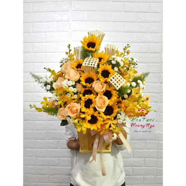 Lẵng hoa khai trương để bàn hướng dương vàng - SSLHKT19